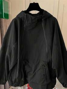 Plus Size Black Woven Fabric Hooded Cape Coat With Drawstring And Pockets, Regular Sleeve Long Sleeve Fall Outerwear