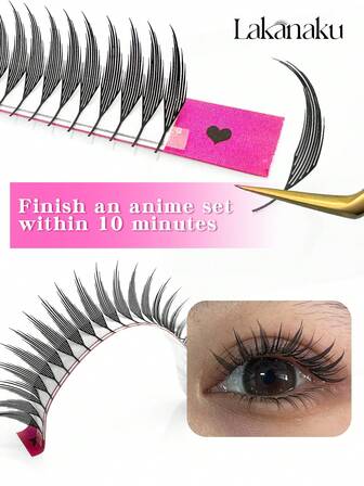  LAKANAKU Extensiones de pestañas sintéticas de 12 filas de 0.07mm C/D/CC Curl, estilo manga anime, tipo pluma, ligeras, en forma de espiral, estilo manga, pestañas postizas de abanico premontadas