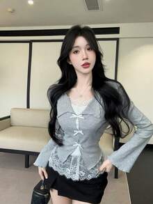 女士蕾丝拼接蝴蝶结修身长袖衬衫 - 灰色 - 查看 7