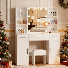 Modern Dressing Table Vanity Desk With LED Lighted Mirror, Stool, Drawers, Cabinet, Open Multi-Level Shelves, 3 Color Brightness Adjustable, Makeup Vanity Desk Set LED Mirror For Girls Bedroom - Christmas Holiday Gift, Thanksgiving Gift - White - View 2