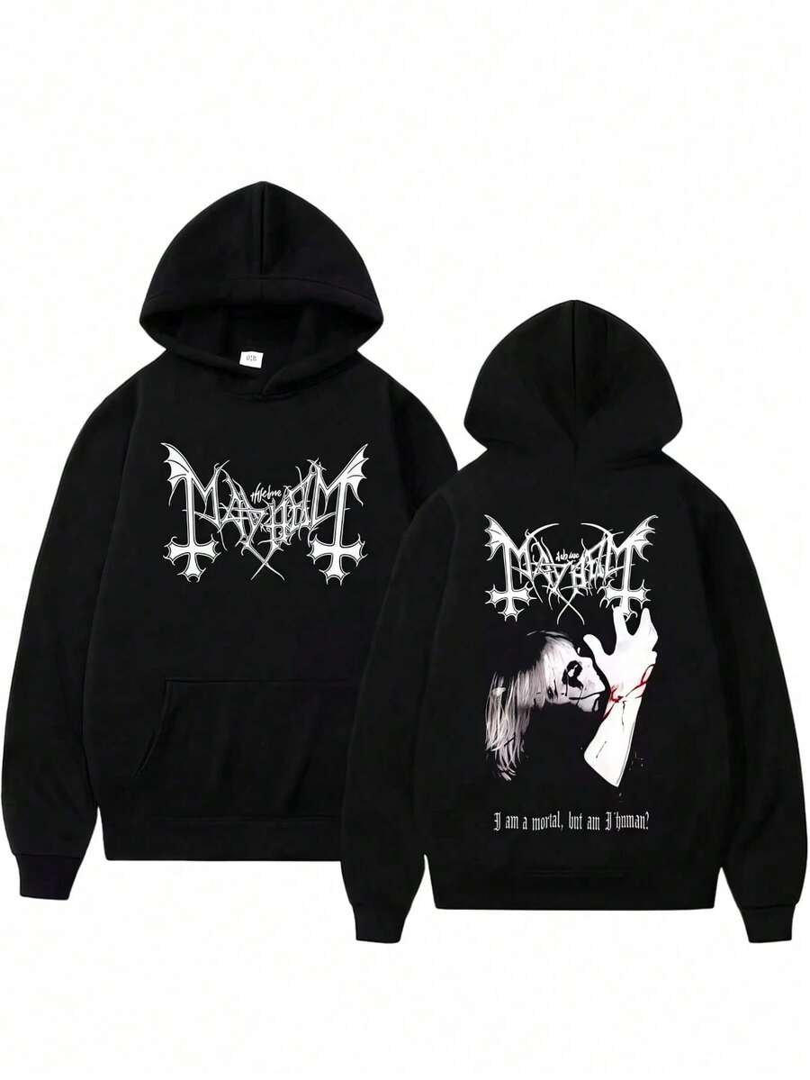 Death Black Metal Mayhem Print Hoodie Men Women Vintage Casual Hooded Tracksuit Male Fashion Gothic Rock Oversized Streetwear - 黑色 - 查看 1