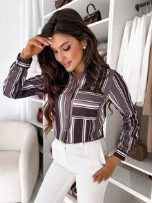 Casual Commuter Contrast Stripe Button Pocket Shirt - Coffee Brown - View 5