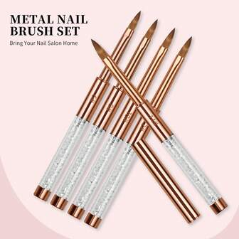 Kolinsky Acrylic Nail Brush Set: Size 6,8,,10,12,14 Professional Manicure Brushes With Cleaner Tool & Rose Gold Rhinestone Handle For Acrylic Powder,Nail Extensions & 3D Carving - Salon & DIY Nail Art Essentials