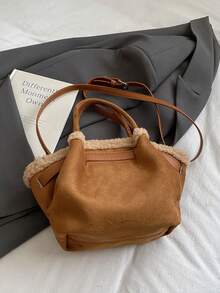 Faux Suede Bucket Bag, Fashionable Handbag With Flap Design, Shoulder Strap, Suitable For Women's Daily Wear Or Commuting, Autumn/Winter - Brown - View 2