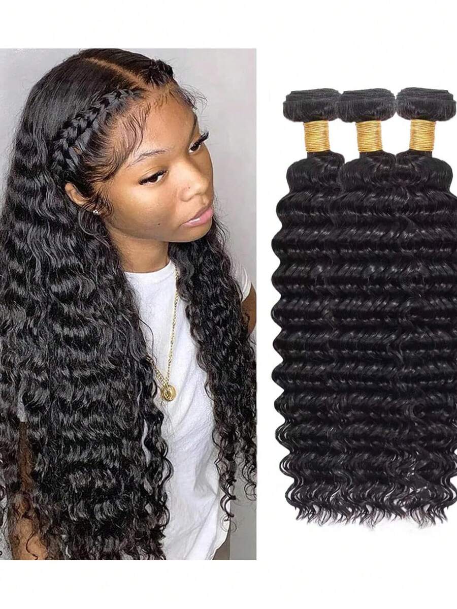 1 pieza Peluca negra de 22 pulgadas con ondas profundas, cabello a granel con ondas de agua para trenzar, cabello a granel rizado y ondulado profundo para extensiones de cabello - Multicolor - Ver 1