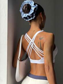 Women's Solid Color Removable Padded Crew Neck Elastic Wireless Simple Criss-Cross Strap Sports Bra - White - View 2