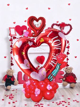 50个/套情人节直立式DIY气球套装，包含40英寸心形铝箔气球和18英寸环形心形铝箔气球，粉色和红色乳胶气球，适用于情人节、生日、新娘送礼会、派对装饰、派对礼品、浪漫装饰、表白、求婚、婚礼、周年纪念、新娘礼物气球。
