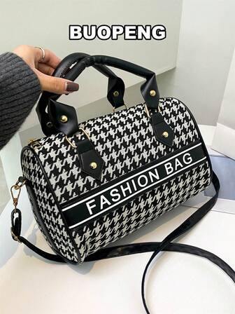 Lightweight,Business Casual Letter Graphic Houndstooth Pattern Boston Bag For Teen Girls Women College Students,Rookies & White-collar Workers Perfect for Office,College,Work ,Business,Commute,Outdoors, Travel, Outings