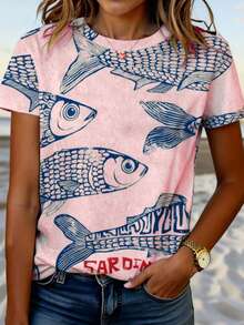 2025 Bohemian Beachwear ,Plus Size Women's Spring And Summer Fashion Vacation Tropical Multi Ugly Fish Random Print Casual Comfortable Round Neck Short Sleeve T-Shirt Brunch Outfits For Women - Pink - View 1