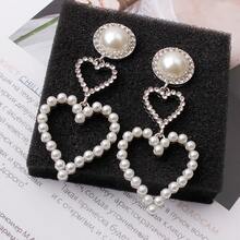 Pearl Heart Sparkling Diamond Earrings | Double Layer Heart Design Pearl Inlaid With Diamonds Luxurious Sweet Earrings Eye-Catching Accessories For Dates And Parties Romantic Gift For Girlfriend - Gold - View 3