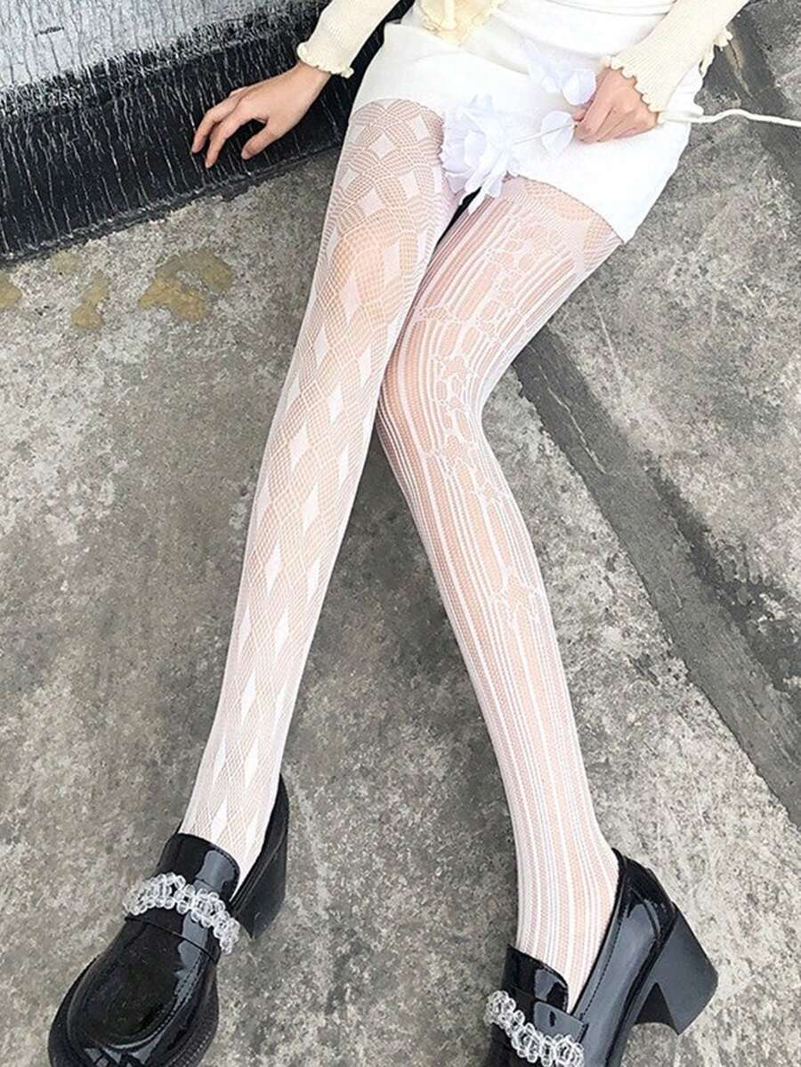 1件装女士紧身提拉透气渔网袜，适合日常穿着 - 白色6106 - 查看 1