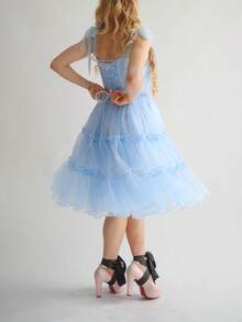 Tulle Prom Dresses Ruffled Trim Tie Back Sleeveless Long Formal Evening Dresses For Women A-Line Open Back Cocktail Ball Gown - 淺藍色 - 查看 6