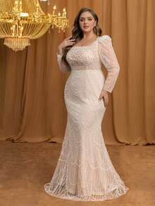 UNITHORSE Plus Size Women Elegant Square Neck Long Sleeve Pearl Decor Waist Fitted Bodycon Evening Gown Wedding Party - Apricot - View 4