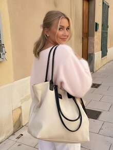 大码女式圣诞毛衣，秋冬浪漫粉色不对称肩部长袖毛衣，温柔甜美慵懒风，简约宽松日常上衣 - 粉色 - 查看 5