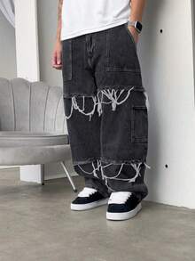 Grunge Goth Y2K 风格时尚休闲流苏年轻街头个性化学院运动宽松直筒阔腿百搭休闲男士牛仔裤 - 黑色 - 查看 3