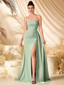 ADYCE 优雅无肩带高腰高开衩长款缎带露背蕾丝连衣裙，适合舞会、婚礼宾客、返校节、约会之夜、正式晚宴、生日派对、节日派对、家庭派对等各种场合。 - 綠色 - 查看 4