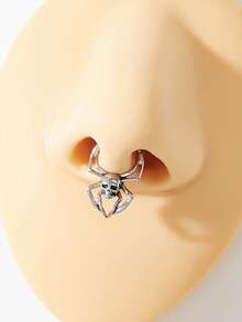 1 pieza Anillo de nariz de acero inoxidable con diseño gótico oscuro de calavera y araña, adecuado para fiestas, festivales de música y reuniones - Plateado - Ver 2