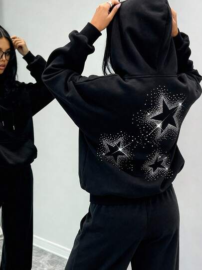 Sweat-shirt à capuche ample de mode pour femmes, Top orné de strass en forme d'ailes d'ange