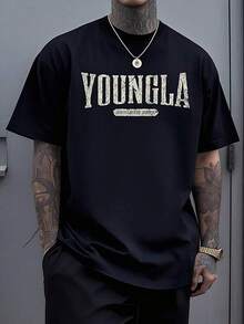 Men's Black T-Shirt With Vintage Distressed YOUNGLA Lettering, Retro Fashion, Comfortable Casual Soft 220g Pure Cotton Short-Sleeve T-Shirt - 黑色 - 查看 1