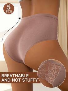 5pcs Women High Waist Lace Print Breathable Mesh Soft Elastic Briefs, Comfortable Skin-Friendly, Ideal Gift Choice - Multicolor - View 4
