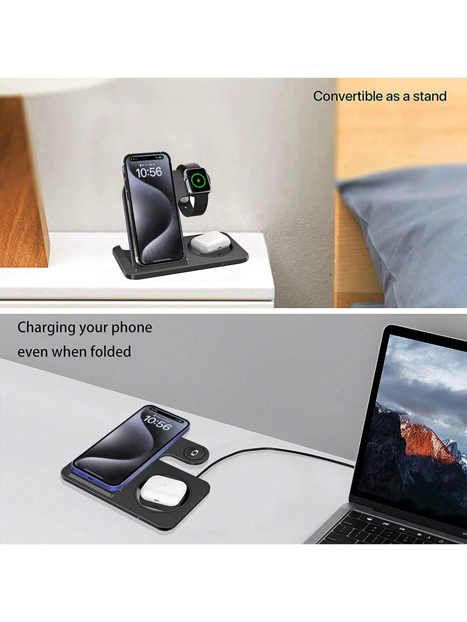 حامل شحن لاسلكي ثلاثي الوظائف قابل للطي بقوة 15 وا...