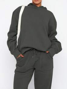 Women's Casual Hooded Long-Sleeved Sweatshirt And Pants Two-Piece Set With Drawstring Details And Practical Pockets, Suitable For Everyday Sports And Outdoor Wear. - 深灰色 - 查看 2