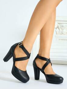 女士高跟鞋，纯色，通勤舒适，百搭，双层交叉绑带，荔枝纹理，包头，圆头，防水台，厚底，搭扣，粗跟，适合派对/宴会，设计精致，商务/办公场合，优雅 - 黑色 - 查看 4