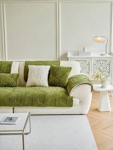 1pc Bohemian Style Solid Color Plush Sofa Cover - Quilted Craftsmanship, All-Season Use, Machine Washable, Pet Scratch Resistant, Soft And Comfortable Touch. Suitable For Living Room, Bedroom, Office And Other Home Scenes, Combines Decorative And Sofa Protection Functions, Fits Single To Three-Seater Sofas. - Green - View 9