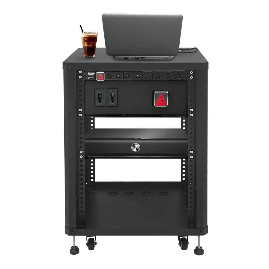 Futchoy 15U Audio Rack, Audio Rack With Feet & Wheels, Rolling Studio Rack Case - Black - View 1
