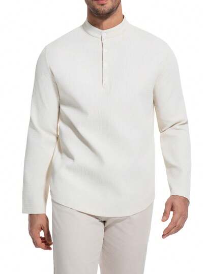 男士长袖亨利领衬衫，立领设计 – 休闲纯色套头T恤，轻盈针织祖父领上衣