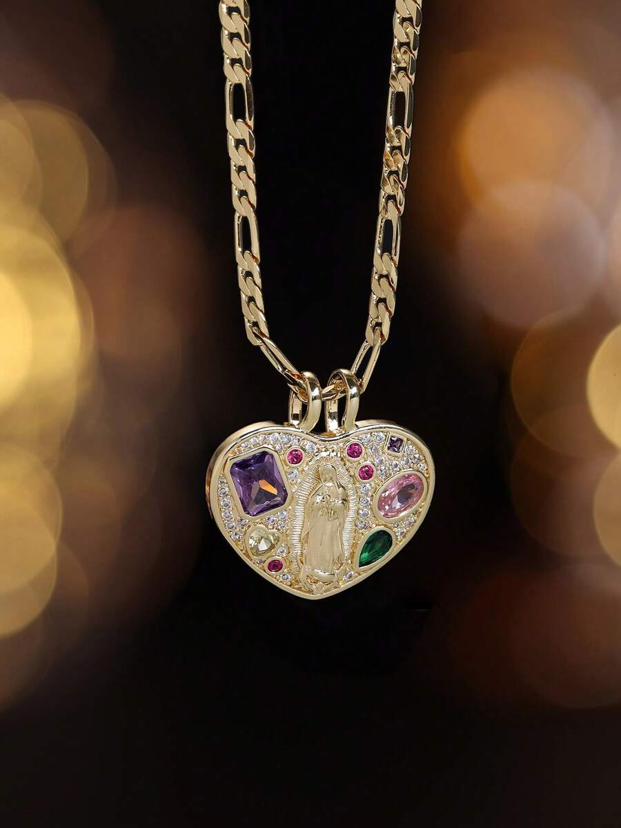 1pc Stainless Steel Chain With Cubic Pendant, Decorated With 3D Colorful Crystal Heart Design | Vintage Fashionable Minimalist Unisex Necklace, Suitable For Couples Everyday Wear Or Street Party Occasions - Gold - View 1