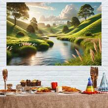 8x6ft Tranquil Lake & Sky Landscape Tapestry - Vibrant Green Hills, Sunlit River, And Fluffy Clouds - Polyester Wall Hanging For Living Room, Bedroom, Office, Or Outdoor Decor - Ideal For Parties, Photoshoots, And Celebrations - No Electricity Needed, Party Backdrop|  Landscape| Durable Decor, Lake House Decor - 如圖所示 - 查看 8