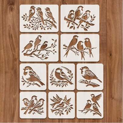 10 Stücke wiederverwendbare Vogelmalschablonen, Baumast Vogelmuster geeignet für Papier, Wand, Stoff, Stein, DIY Kunstprojekte