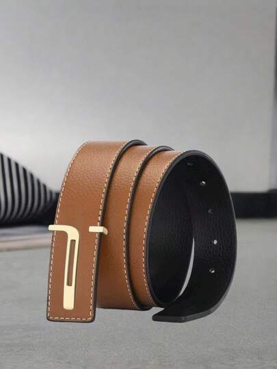 3.3cm Wide Men's Fashion Versatile Faux PU Leather Durable Belt - Gold Metal Buckle, Textured Pattern, Smooth Surface - Classic T-Letter Design, Suitable For Daily Commute And Formal Occasions, Ideal Gift For Boyfriend