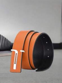 3.3cm Wide Men's Fashion Versatile Faux PU Leather Durable Belt - Gold Metal Buckle, Textured Pattern, Smooth Surface - Classic T-Letter Design, Suitable For Daily Commute And Formal Occasions, Ideal Gift For Boyfriend - Multicolor - View 5