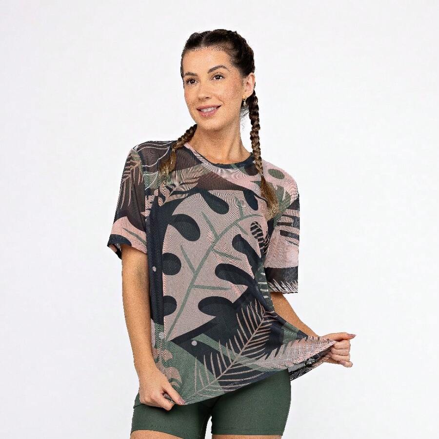 Women's Printed Tulle Blouse/Shirt, Lightweight And Stylish, Perfect For Layering, Fitness, And Modern Casual Looks. Oversized Shirt. - 葉子 - 查看 1