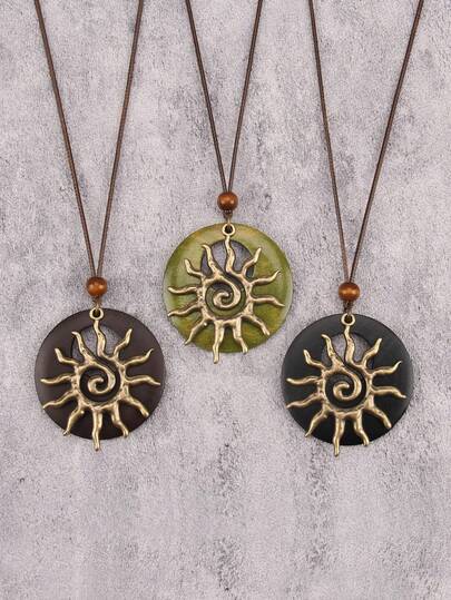 1pc Fashionable & Versatile Spiral Sun Shaped Alloy Pendant Long Necklace, Bohemian Style Beaded Round Disc Choker Necklace, Boyfriend/Couples Gift, Daily Wear