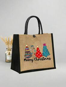 Conjunto de Bolsas de Linho com Estampa de Natal, Design de Padrão de Árvore de Natal, Bolsa Sacola de Linho de Grande Capacidade para Mulheres, Bolsa de Presente Personalizada, Bolsa de Armazenamento de Natal, Bolsa de Transporte e Bolsa de Beleza com Zíper, Adequada para Casamentos, Escola, Compras, Aniversários, Praias, Férias, Feriados. É o Presente Perfeito para Mulheres, Mães, Melhores Amigas, Professoras, Amigas, Madrinhas, Bolsas Grandes, Estudantes e Volta às Aulas, Presentes de Natal