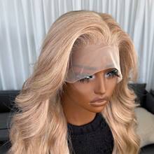 Kanekalon Futura Hair Blonde Ombre 13x4 Lace Front Wig 22 Inch Long Wave Highlight Wigs Curtain Bangs, Glueless Kanekalon Hair Resistant Synthetic Hair Wigs Free Part 150% Density Ready To Wear Synthetic Wigs For Daily Party Festival Holiday Use Beginner Friendly Wigs Transparent Lace Wigs - Gold - View 10
