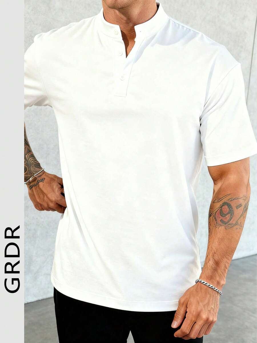 GRDR 男士休闲亨利领短袖T恤,夏季 - 白色 - 查看 1