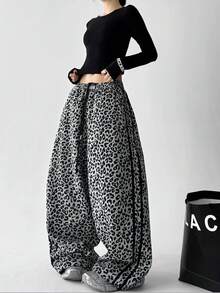 بنطلون رياضي أمريكي بطراز الشارع بنمط نمر مع شريط جانبي، للنساء خصر عالي فضفاض مريح واسع الساق، للربيع والخريف والشتاء، بجيوب لرقص الشارع، خصر مطاطي وساق مستقيمة