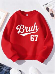 Red 67 Number 67 Print Sweatshirt - Oversized Casual Round Neck Sweater With 'Bruh 67' White Cursive Lettering & Number 67 Design, Warm Winter Fall Clothing For, Casual Attire & 67-Themed Outfits - Đỏ - Xem 1