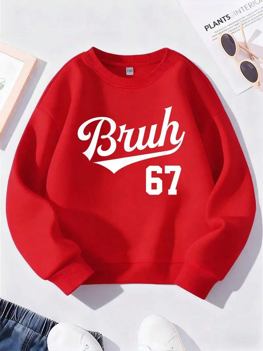 Red 67 Number 67 Print Sweatshirt - Oversized Casual Round Neck Sweater With 'Bruh 67' White Cursive Lettering & Number 67 Design, Warm Winter Fall Clothing For, Casual Attire & 67-Themed Outfits - Đỏ - Xem 1