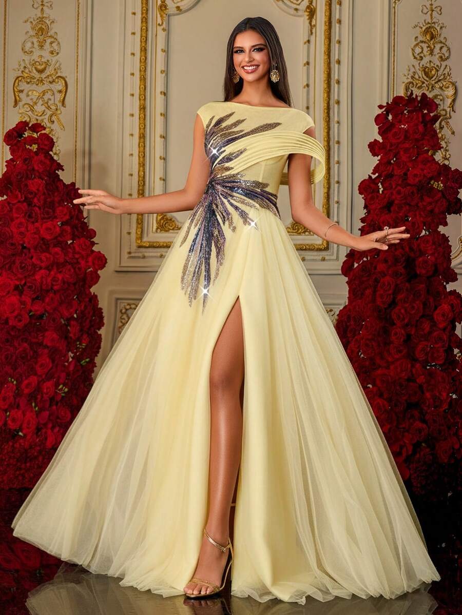 Nuevo vestido de noche formal bordado con perlas, elegante de alta gama - Amarillo - Ver 1