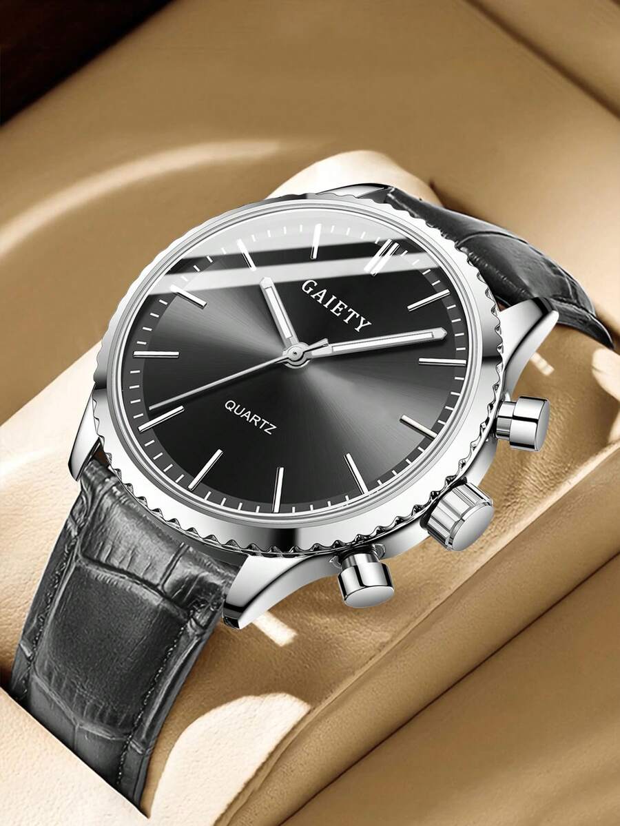 1条男士黑色PU皮表带，休闲商务简约表盘，石英表，适合日常佩戴、装饰，或作为节日礼物送给朋友和父亲。 - 黑色 - 查看 1