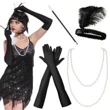 2件套1920年代复古风格女孩头饰项链套装 - 包括1个黑色串珠羽毛头饰和1条白色仿珍珠项链，精美礼品。采用仿珍珠、串珠和羽毛制成，适合化装舞会、角色扮演、装饰艺术主题派对、狂欢节、万圣节、毕业舞会和其他复古场合。