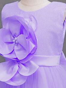 Vestido sin mangas elegante de niña preadolescente con parches de malla y flores de unicolor, vestido de niña de las flores para bodas, vestido para recital de piano, atuendo para festivales infantiles - Morado - Ver 4