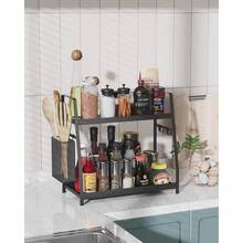 2 Tier Spice Rack For Countertop, Metal Standing Kitchen Storage Organizer Shelf, Vertical Seasoning Jars Rack, Black - Default - View 2