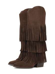 Women's Retro Fringe Knee High Cowboy Boots Fashion Pointed Toe Block Chunky High Heels Pull On Vintage Western Cowgirl Boots - 棕色 - 查看 8