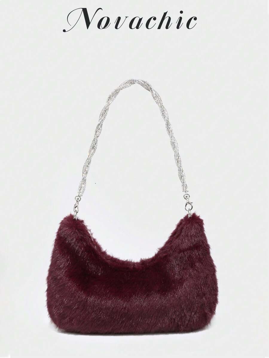 1件亮片和人造毛皮装饰闪亮水钻腕饰，女士拉链斜挎包，适合度假和派对 - 酒紅色 - 查看 1